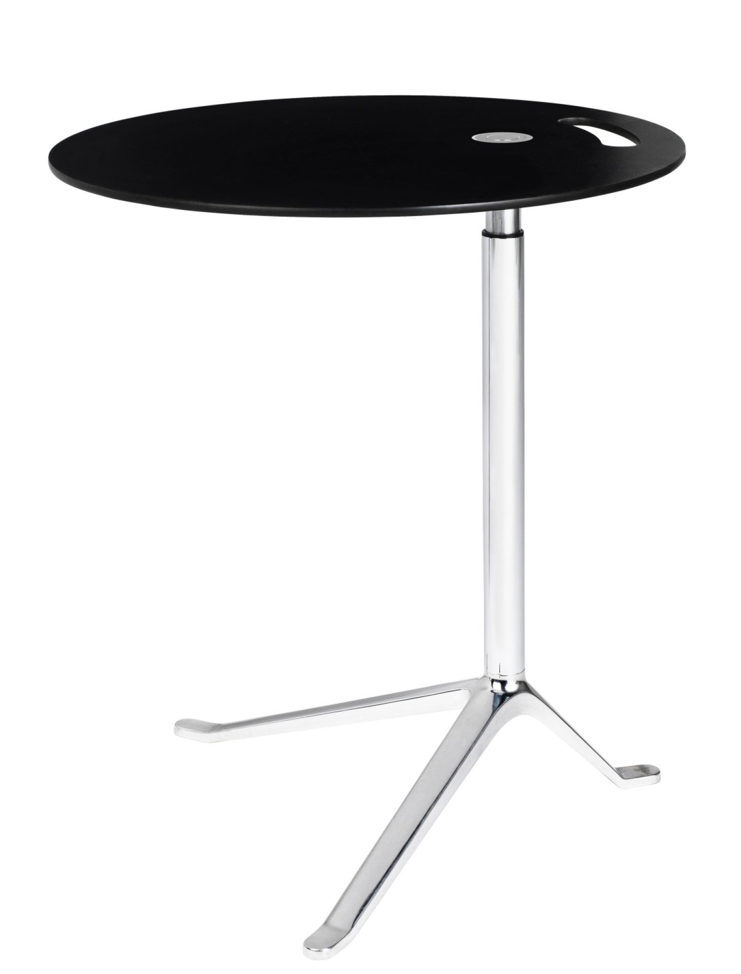 Schwarzer Little Friend Beistelltisch von Fritz Hansen mit Chromfuß und runder Tischplatte.